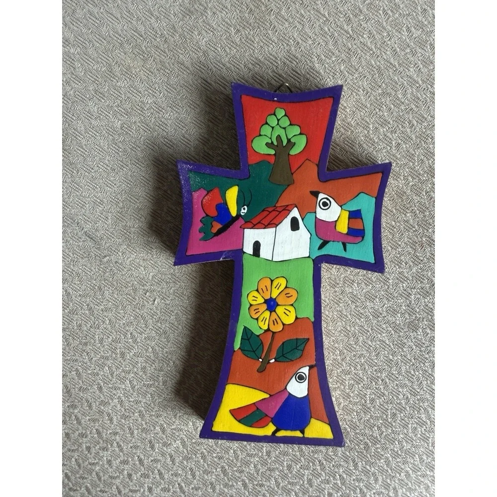 Vintage hand-painted colorful whimsical wood christian Cross. El Salvador